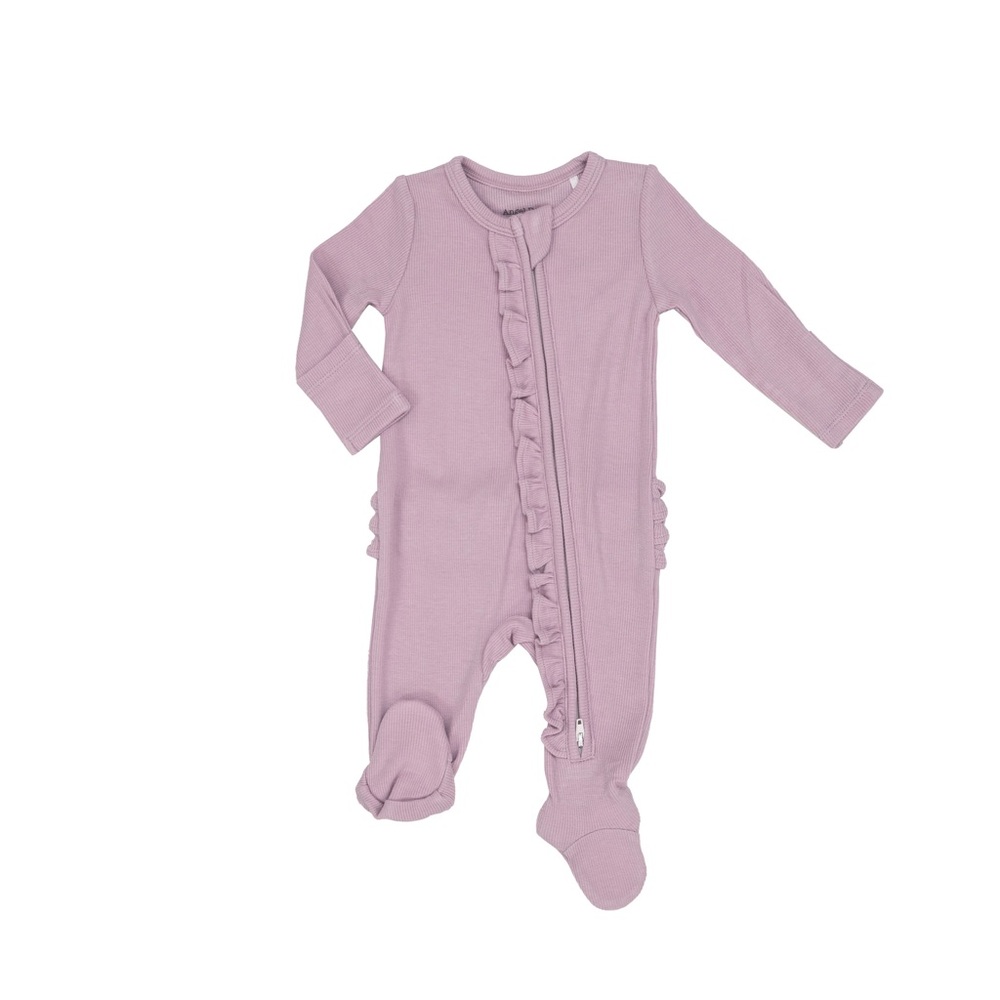 Angel Dear Baby Girls Rib Dusty Lavender 2 Way Ruffle Zipper Footie Pajamas 6-9M